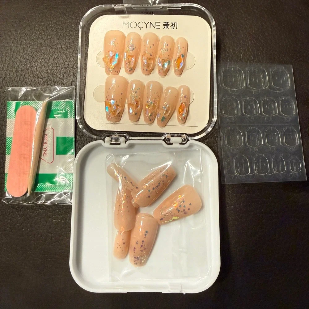 Mocyne 24pc Press On Nails NEW Nude Iridescent 3D Crystal Coffin Glitter